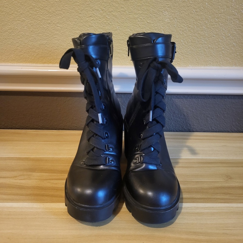 Mix No.6 Boots Valera Lace Up  Combat Block Heels Black Faux Leather Women's 8M - Picture 3 of 16
